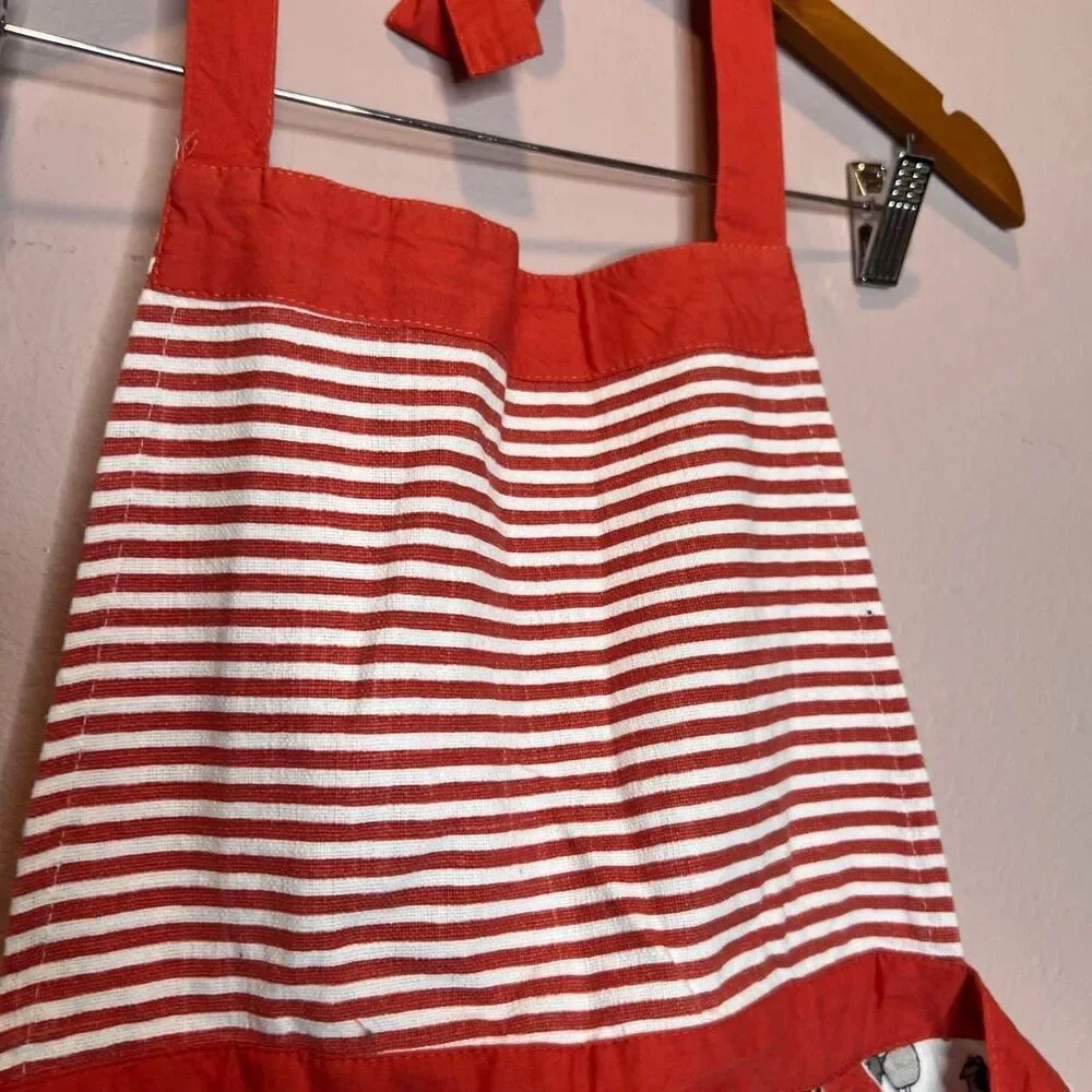 Red White Striped Apron Bib Dog Neck Waist Tie Vintage 100% Cotton Poodle Husky